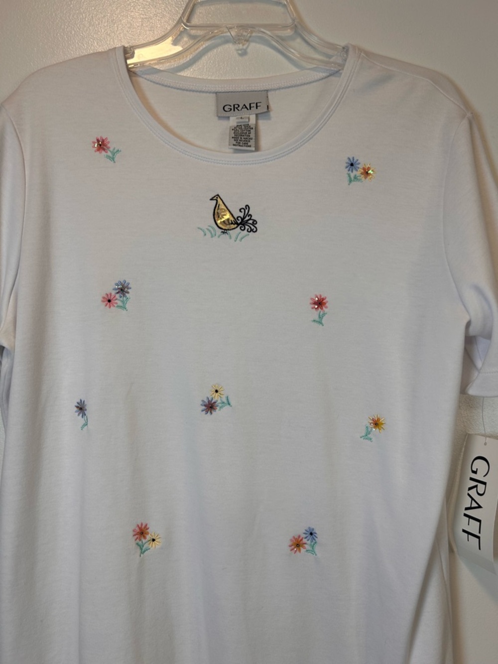 GRAFF White Tee with Embroidered Floral &‎ Bird Motif Women’s Large